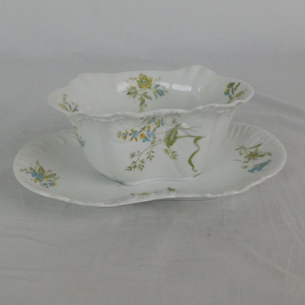 Redon M Limoges 5069 Blue & Yellow Flowers Green Leaves Gravy Boat w/Underplate